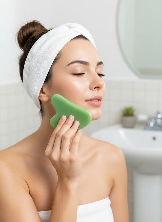 Gua Sha Jade Verde - herramienta de masaje facial forma corazon